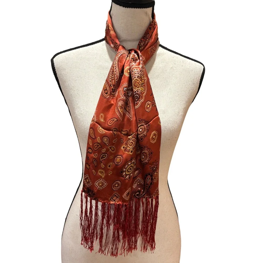 100% Silk‎ Scarf Rust Paisley Fringe Burnout Lightweight Accessory